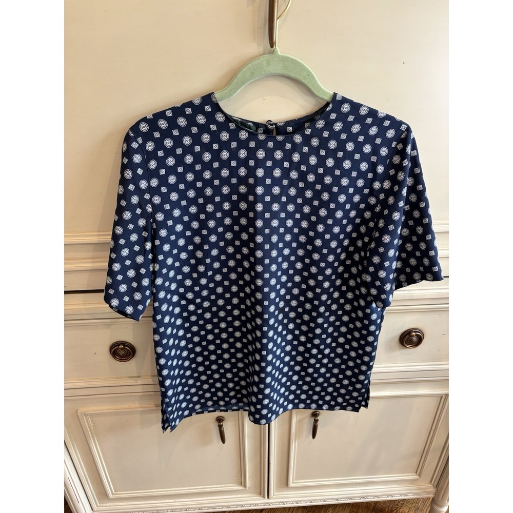 Vintage 80s Charter‎ Club Size 6 Navy Geometric Blouse  Classic Workwear